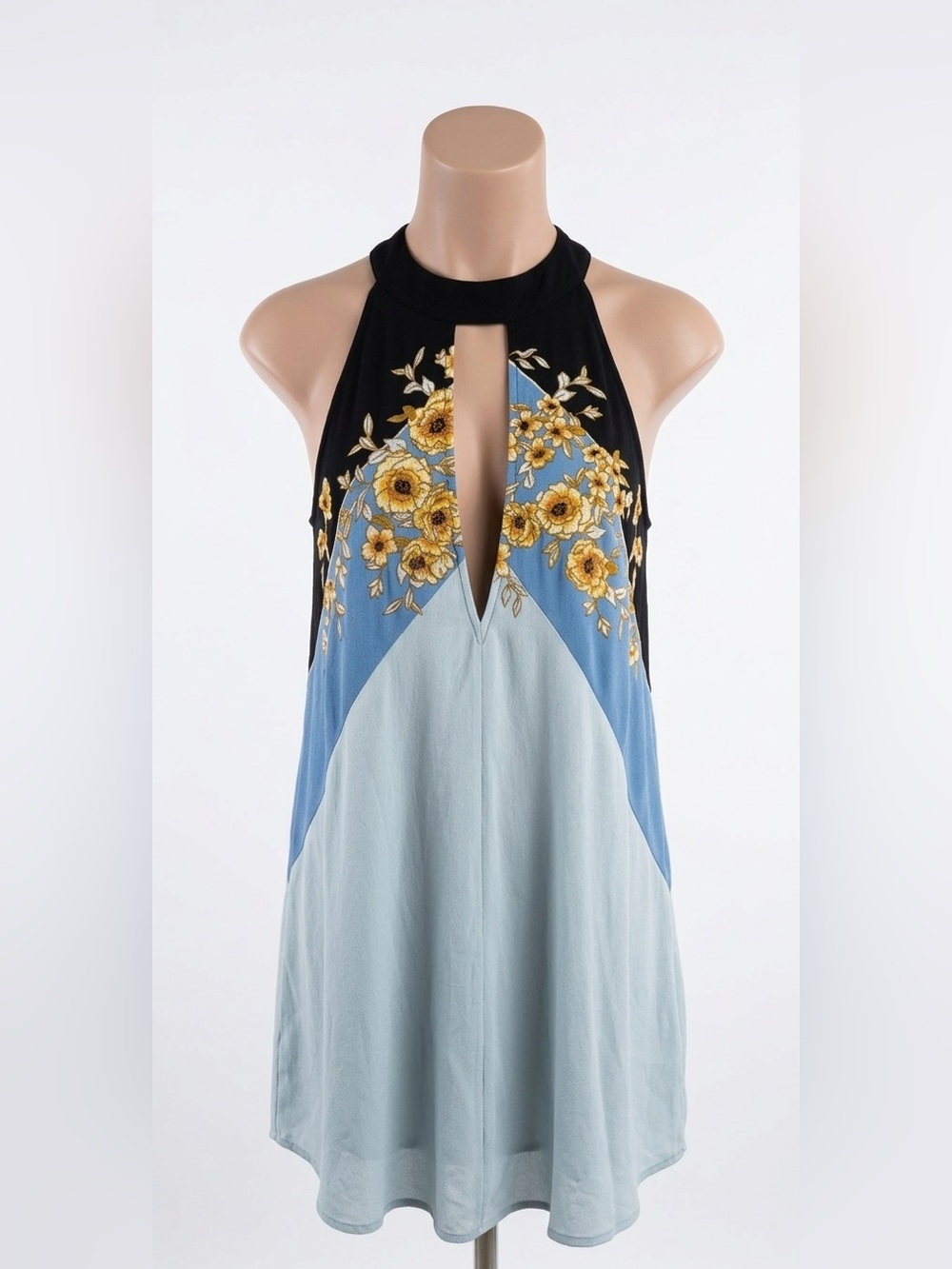 Free People Beat of My Heart Blue Floral Tunic Halter Neck Blouse Size Small